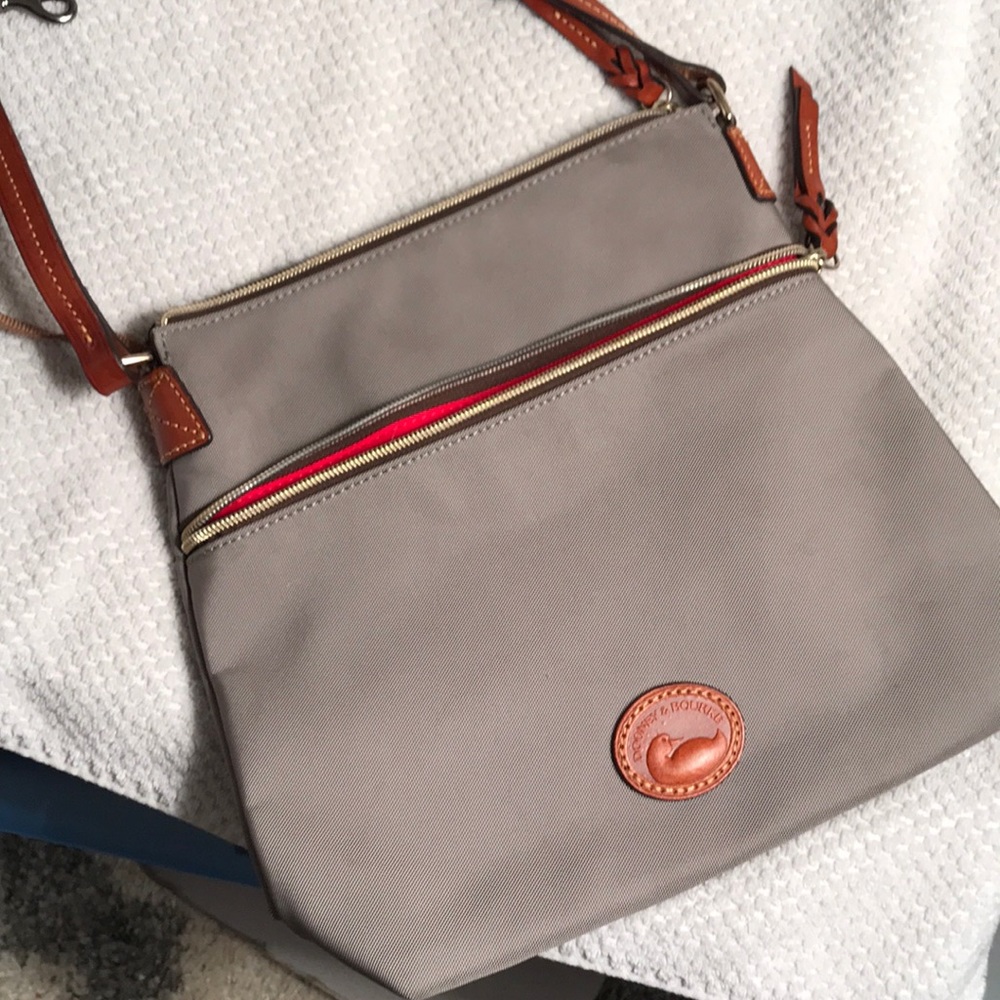Dooney & Bourke Taupe Crossbody with Brown Leather Trim and Red Zip